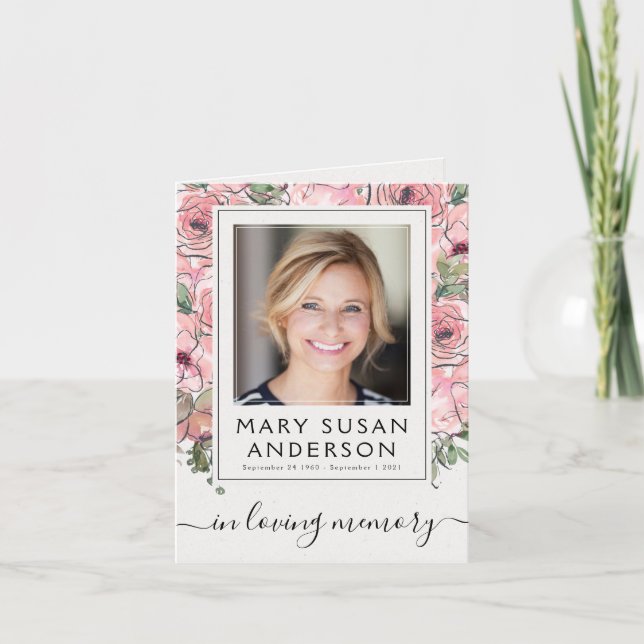 Rosa Blommigt Foto Funeral Memorial Tackkort (Framsida)