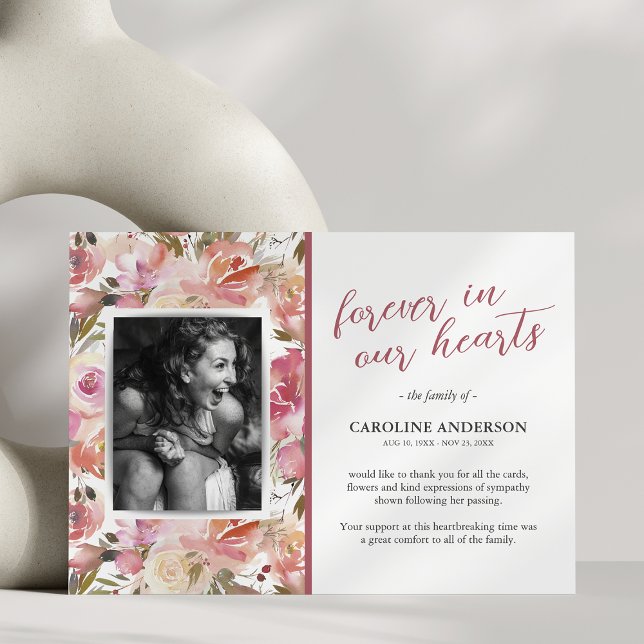 Rosa Blommigt Foto Funeral Tack You Card Kort (Skapare uppladdad)