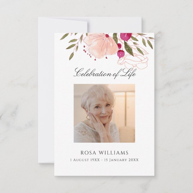 Rosa Blommigt Foto Memorial Funeral Prayer Card Anteckningskort (Framsida)