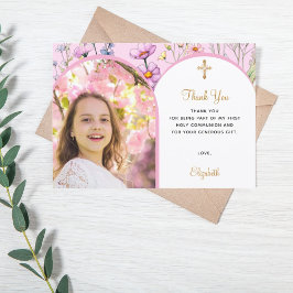 Rosa blommigt fotoarch-flicka kor First Communion Tack Kort