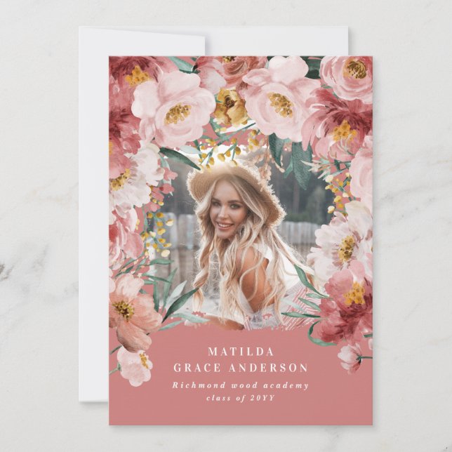 Rosa blommigt fotomeddelande studenten inbjudningar (Framsida)