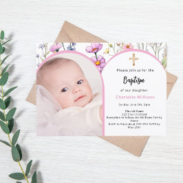 Rosa blommigt, fotopatchflicka kor Baptism Inbjudningar