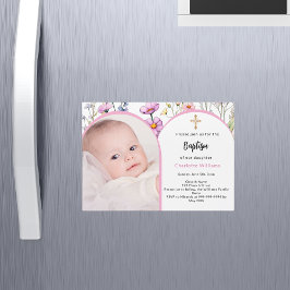 Rosa blommigt, fotopatchflicka kor Baptism Magnetisk Inbjudningskort