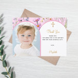 Rosa blommigt, fotopatchflicka kor Baptism Tack Kort<br><div class="desc">Lägg till ditt eget lodräts storleka foto. Ett rosa Arch-format foto ram. Dekorerad med rosa blommor och en gyllene kor. Anpassa och lägg till namn och tackkort.</div>