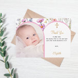 Rosa blommigt, fotopatchflicka kor Baptism Tack Kort<br><div class="desc">Lägg till ditt eget lodräts storleka foto. Ett rosa Arch-format foto ram. Dekorerad med rosa blommor och en gyllene kor. Anpassa och lägg till namn och tackkort.</div>