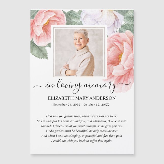 Rosa Blommigt Fotosympati Funeral Prayer Card (Framsida)