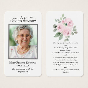 Rosa Blommigt Fotosympati Funeral Prayer Card Visitkort