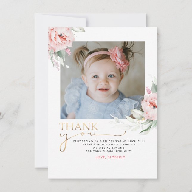 Rosa Blommigt Fotovykort för Tack på födelsedagen Kort (Framsida)
