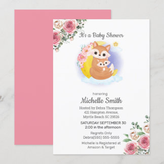 Rosa Blommigt Fox Mamma Baby Shower-inbjudan för Inbjudningar