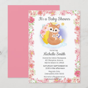 Rosa Blommigt Fox Mamma Baby Shower-inbjudan för  Inbjudningar