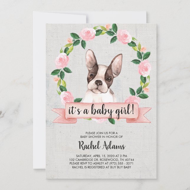 Rosa Blommigt French Bull Dog Baby Shower Inbjudningar (Framsida)