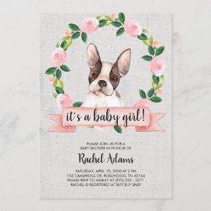 Rosa Blommigt French Bull Dog Baby Shower Inbjudningar