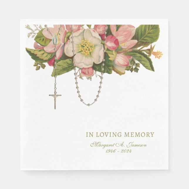 Rosa Blommigt Funeral Catholic Rosary Memorial Pappersservett (Framsidan)