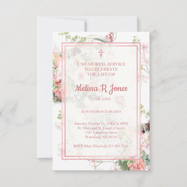 Rosa Blommigt Funeral Firande Life Bäste Anteckningskort (Framsida)