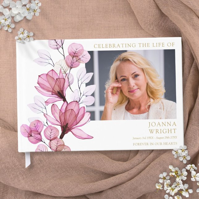 Rosa Blommigt Funeral Firande Life Photo Gästböcker (Pink Floral Funeral Celebration Of Life Photo Guest Book)
