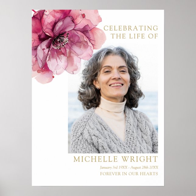 Rosa Blommigt Funeral Firande of Life Photo Sign Poster (Framsidan)