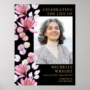 Rosa Blommigt Funeral Firande of Life Photo Sign Poster