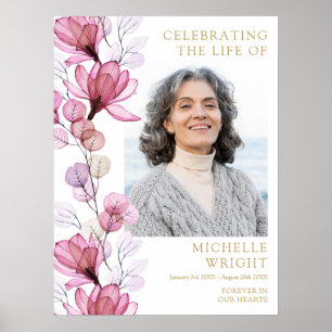 Rosa Blommigt Funeral Firande of Life Photo Sign Poster