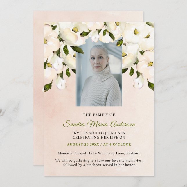 Rosa Blommigt Funeral Photo Firande life Inbjudan (Fram/baksida)