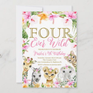 Rosa Blommigt Fyra Vilden Jungle Birthday Girl Inbjudningar