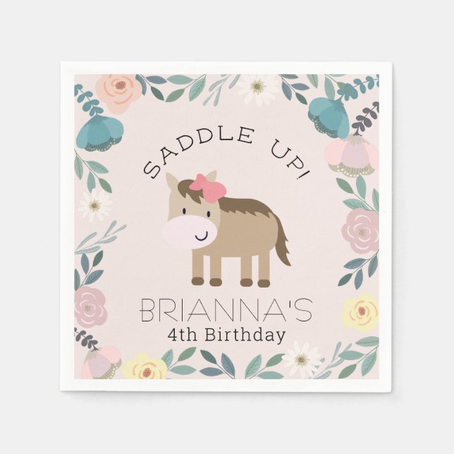 Rosa Blommigt Garden Horse Girl Birthday Napkins Pappersservett (Framsidan)