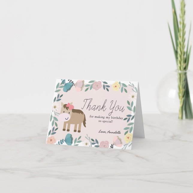 Rosa Blommigt Garden Horse Girl Birthday Tack Kort (Framsida)