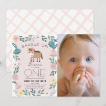 Rosa Blommigt Garden Horse Girl Photo 1st Birthday