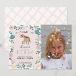 Rosa Blommigt Garden Horse Girl Photo Birthday Inbjudningar