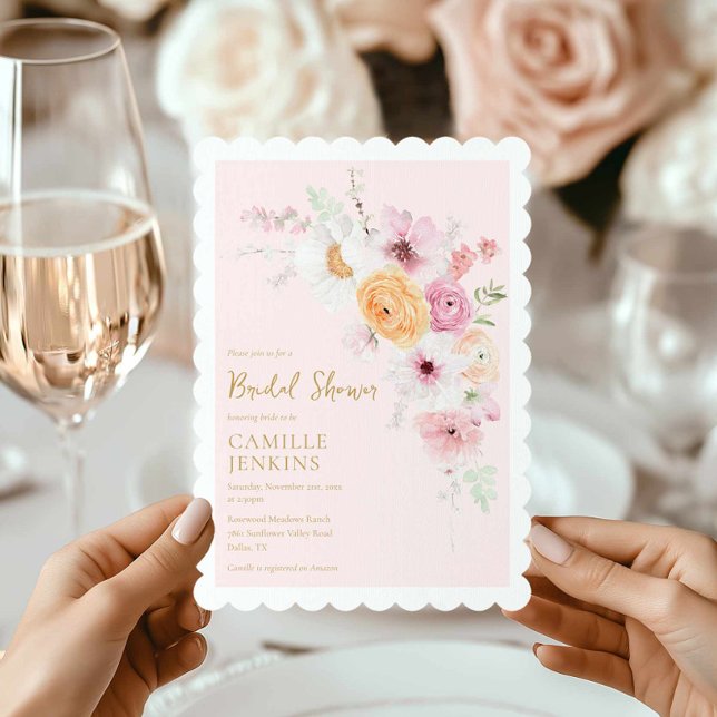 Rosa Blommigt Garden Inbjudningskort för möhippan (Pink Floral Garden Bridal Shower Invite)