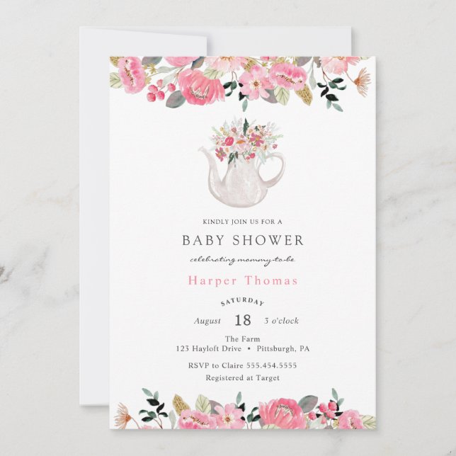 Rosa Blommigt Garden Tea Party Baby Shower Inbjudningar (Framsida)