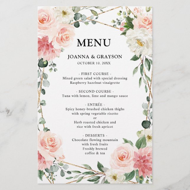  Rosa Blommigt Geometric Botanical Bröllop Menu (Framsida)