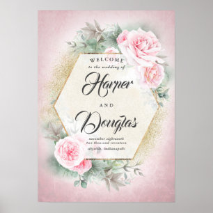 Rosa Blommigt Geometric Bröllop Välkomsttecken Poster