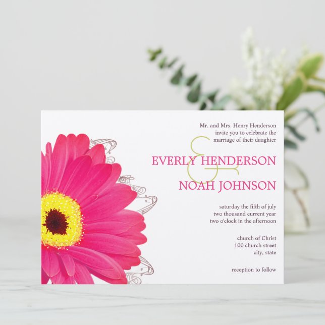 Rosa Blommigt Gerber Daisy Bröllop Inbjudningar (Stående Fram)