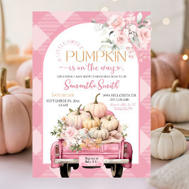 Rosa Blommigt Gingham Pumpkin Lastbil Baby Shower Inbjudningar