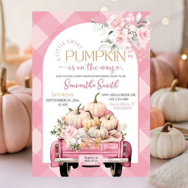Rosa Blommigt Gingham Pumpkin Lastbil Baby Shower Inbjudningar (Skapare uppladdad)