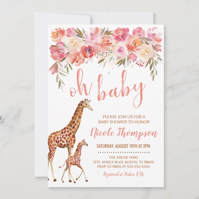 Rosa Blommigt Giraffe Baby Shower-inbjudan Inbjudningar (Framsida)