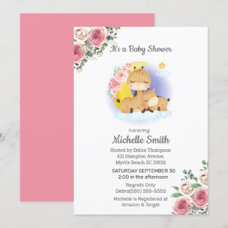 Rosa Blommigt Giraffe Mamma Baby Shower Inbjudningar