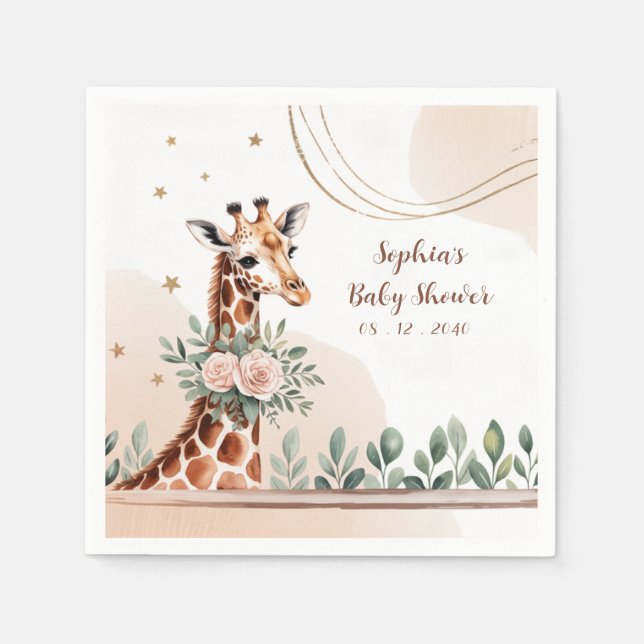 Rosa Blommigt Giraffe Safari Baby Shower Pappersservett (Framsidan)