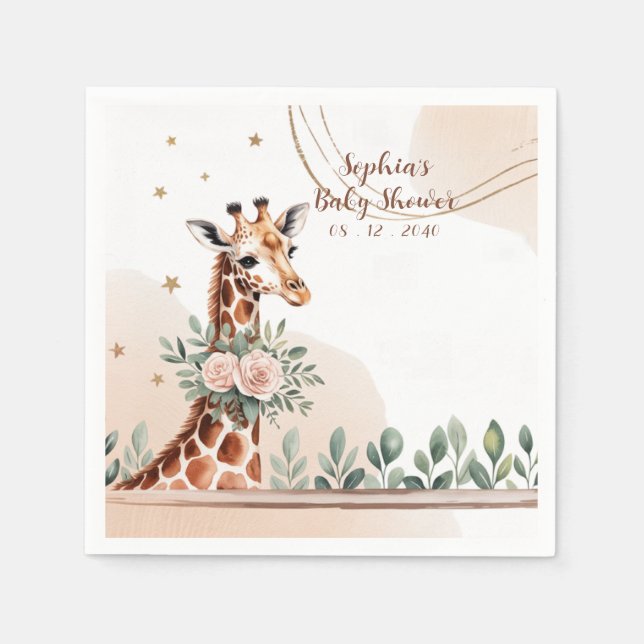 Rosa Blommigt Giraffe Safari Baby Shower Pappersservett (Framsidan)