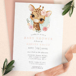 Rosa Blommigt Giraffe Watercolor Girl Baby Shower Inbjudningar