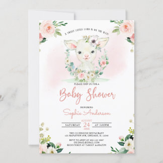 Rosa Blommigt Girl A Little Lamb Baby Shower Inbjudningar