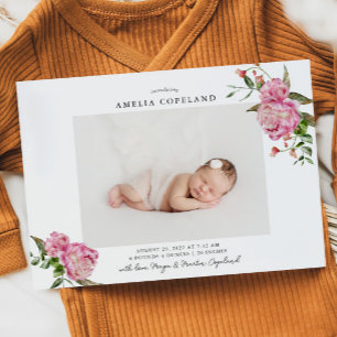 Rosa Blommigt Girl Baby Photo Birth Notice Meddelande