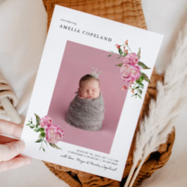 Rosa Blommigt Girl Baby Photo Birth Notice Meddelande