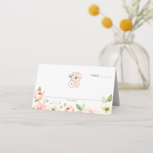 Rosa Blommigt Girl Baby Shower Folke Place Card Placeringskort (Framsida)