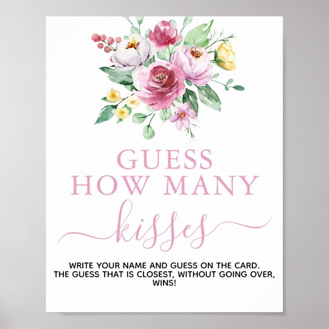 Rosa Blommigt Girl Baby Shower gissar game Sign Poster (Framsidan)