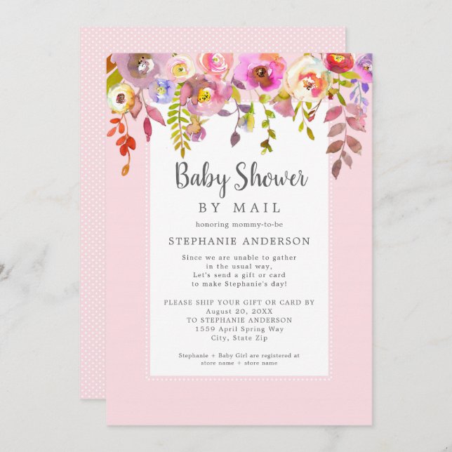 Rosa Blommigt Girl Baby Shower med post Inbjudningar (Fram/baksida)