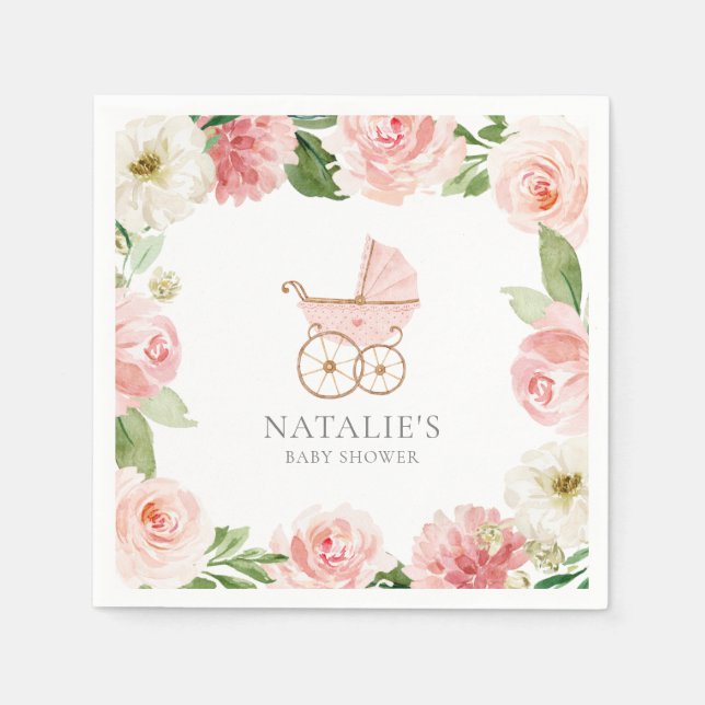 Rosa Blommigt Girl Baby Shower Papper Pappersservett (Framsidan)