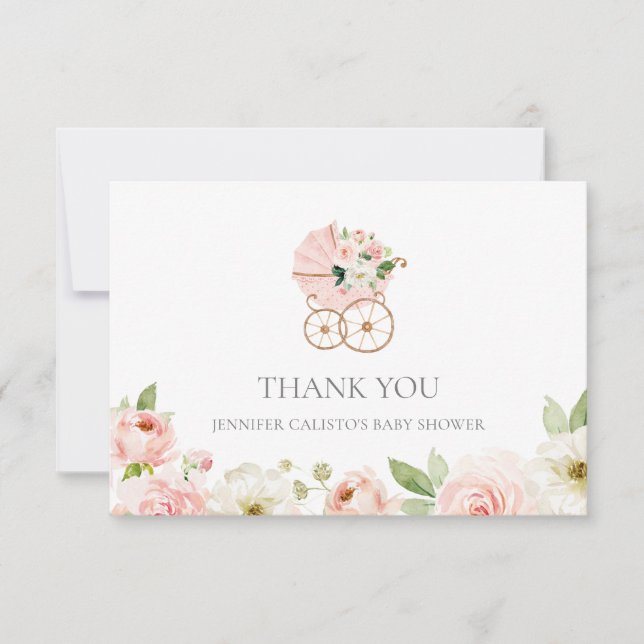 Rosa Blommigt Girl Baby Shower Tack för ditt kort (Framsida)