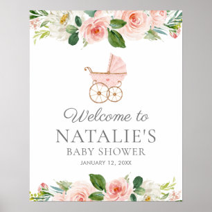 Rosa Blommigt Girl Baby Shower Välkommen Poster