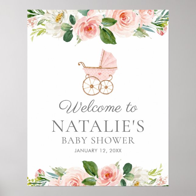 Rosa Blommigt Girl Baby Shower Välkommen Poster (Framsidan)